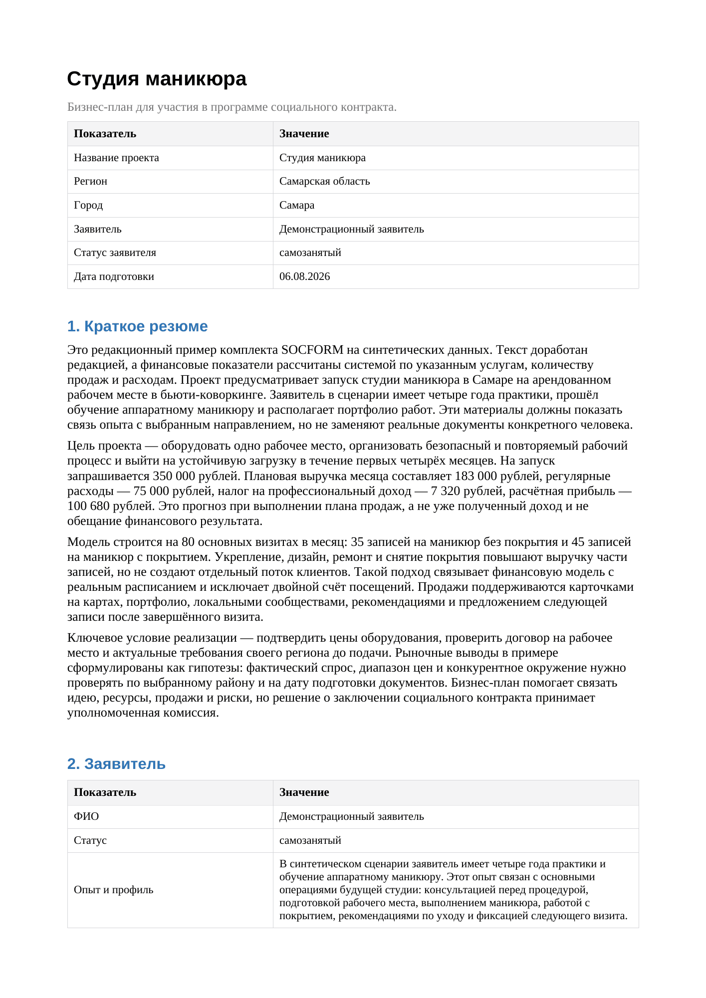 Первая страница синтетического проекта «Студия маникюра»